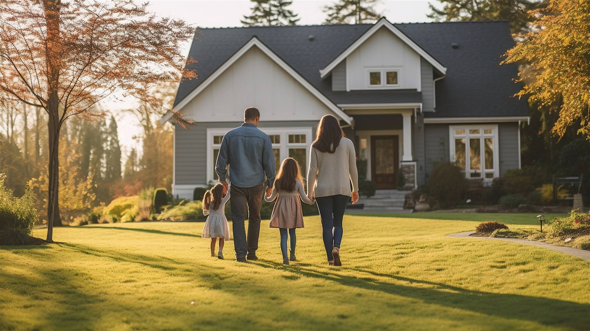 A family outside their home at golden hour